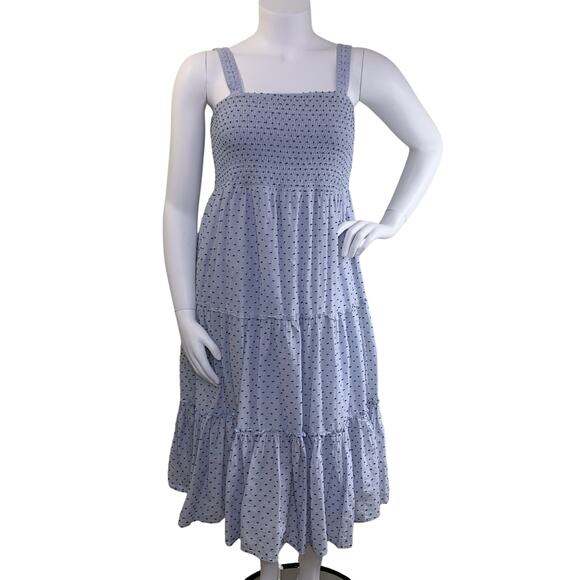 Linda Anderson Sun Dress Size XL Blue Dobby Smocked Tiered Lined Cottage Core - Picture 1 of 9